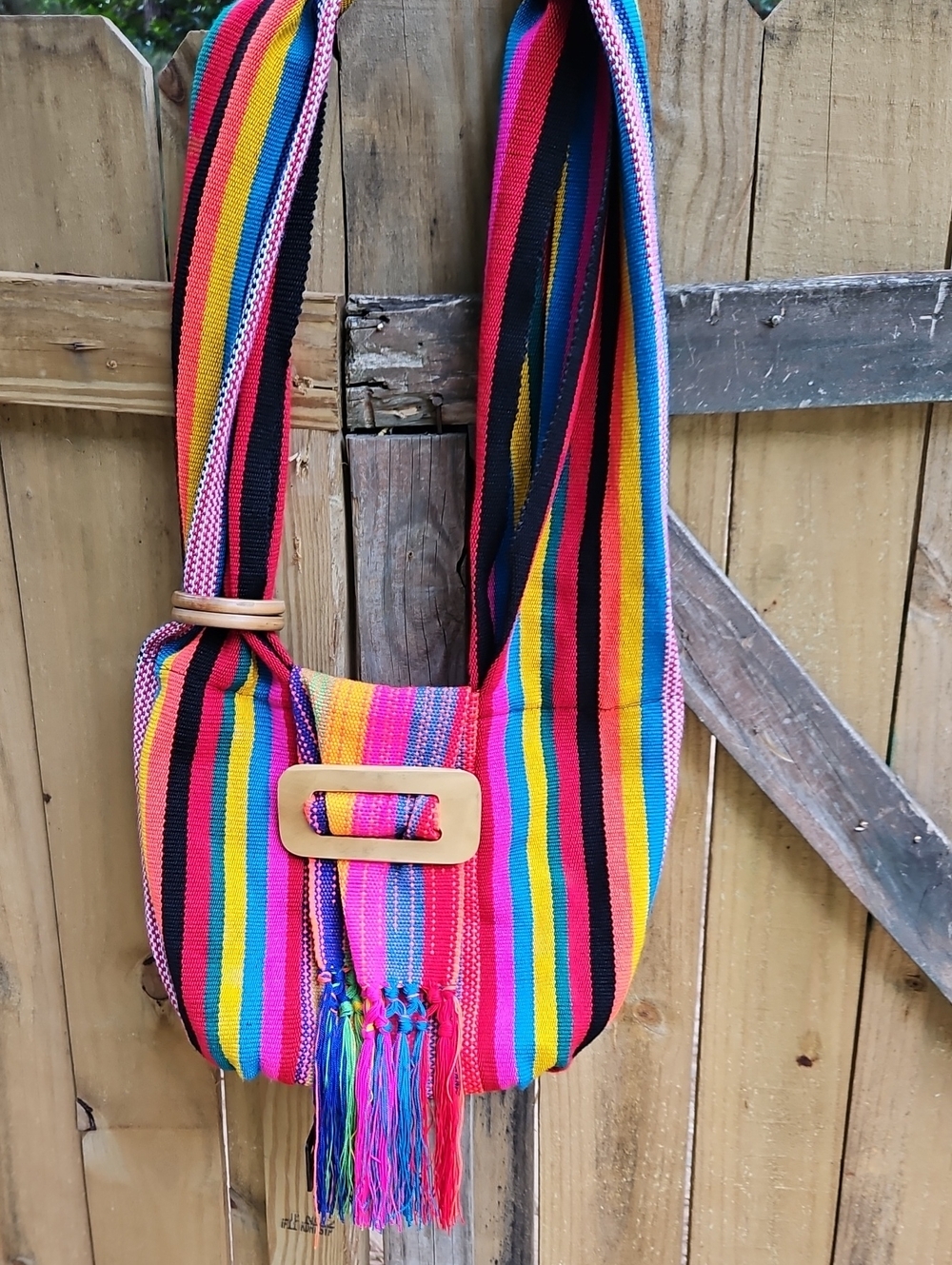 New Handwoven Rainbow Stripe Crossbody Bag with Fringe